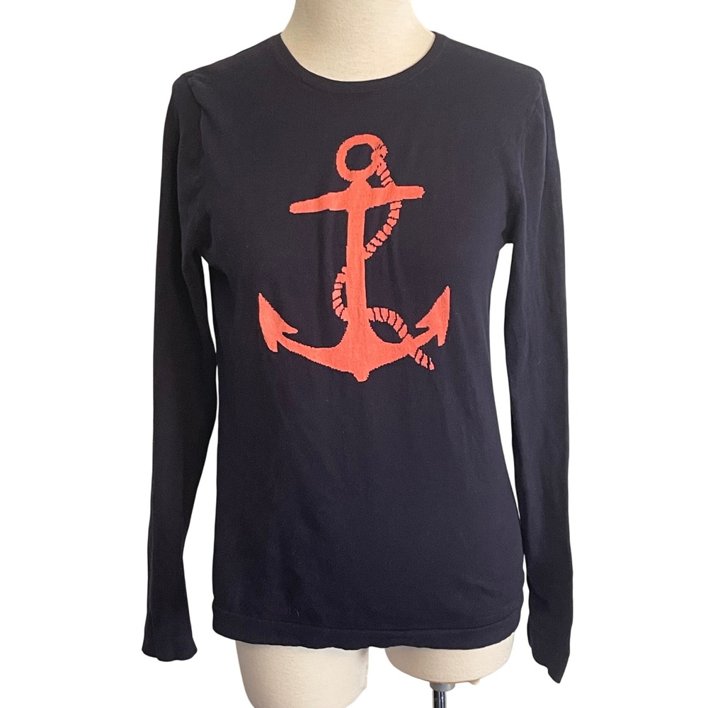 G.H. Bass Navy Blue Anchor Long Sleeve Cotton Sweater Women's Size S Nautical